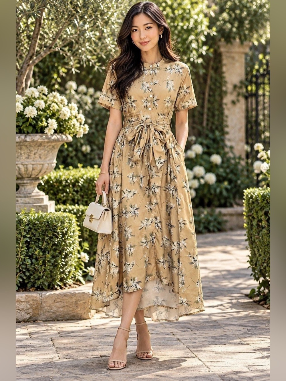 CAARA Dress Womens Small Beige Floral Satin Tie Waist Short Sleeve Midi NWOT